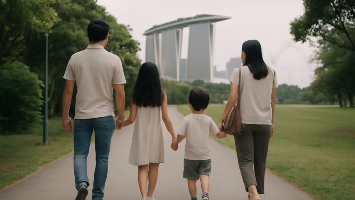 An adult and a child holding hands while walking through a park