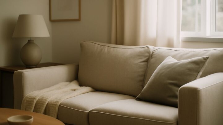A tidy living room with natural light coming through a window