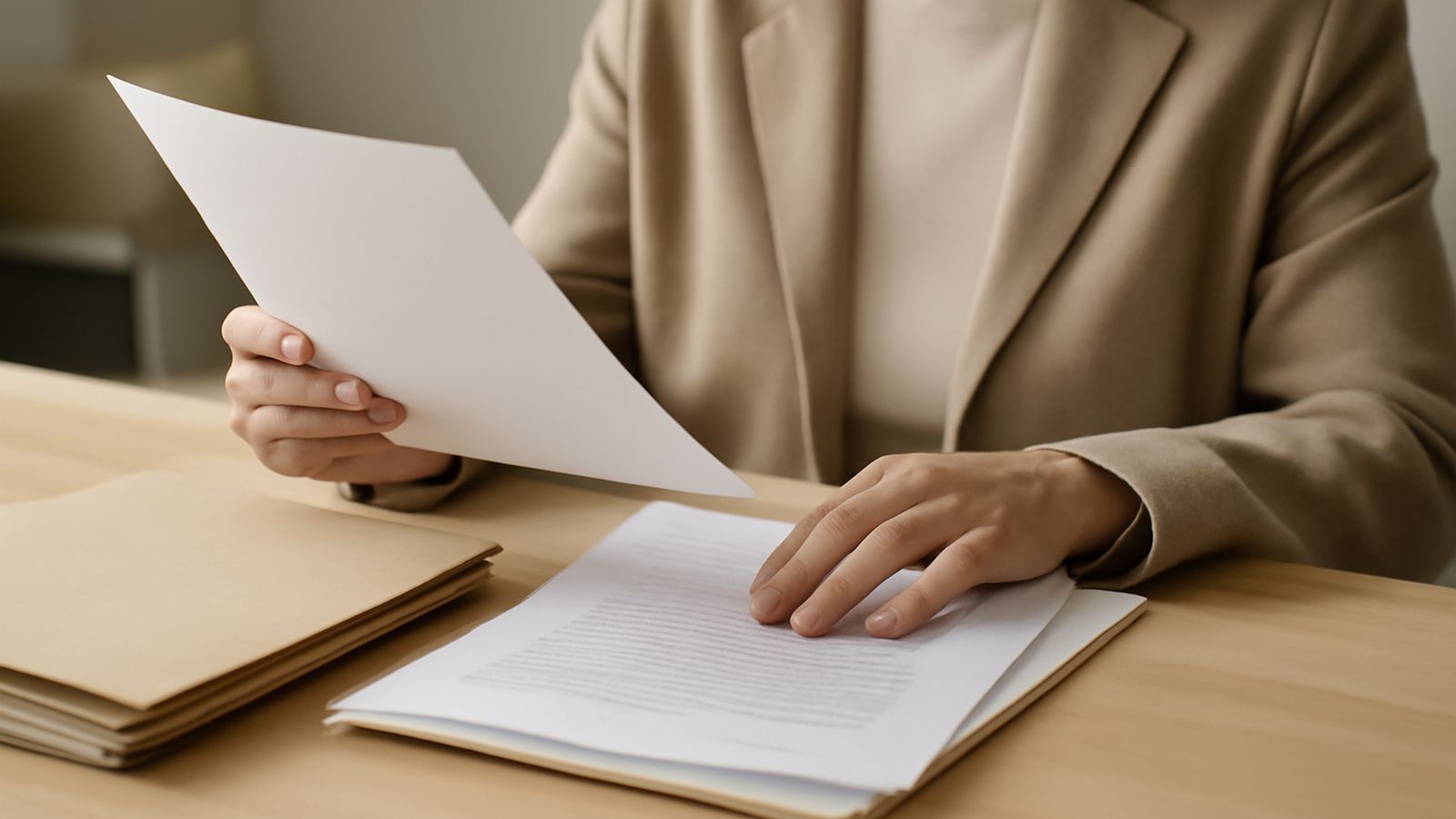 A person reading through documents and folders at a desk