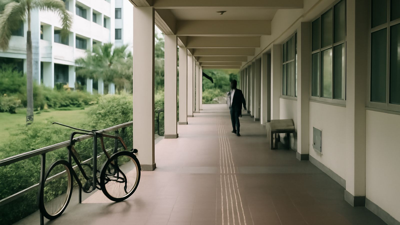An empty covered walkway on a university campus
