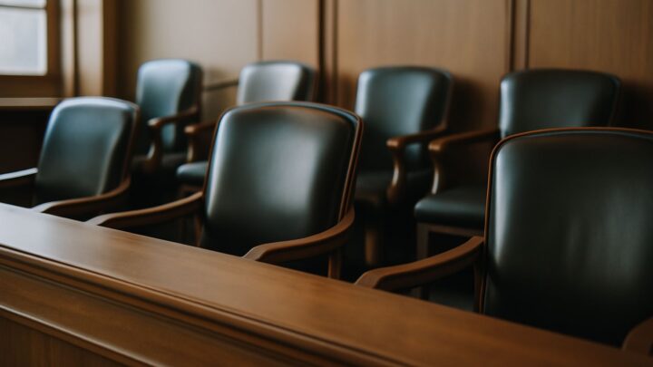 A quiet courtroom interior with wooden furniture