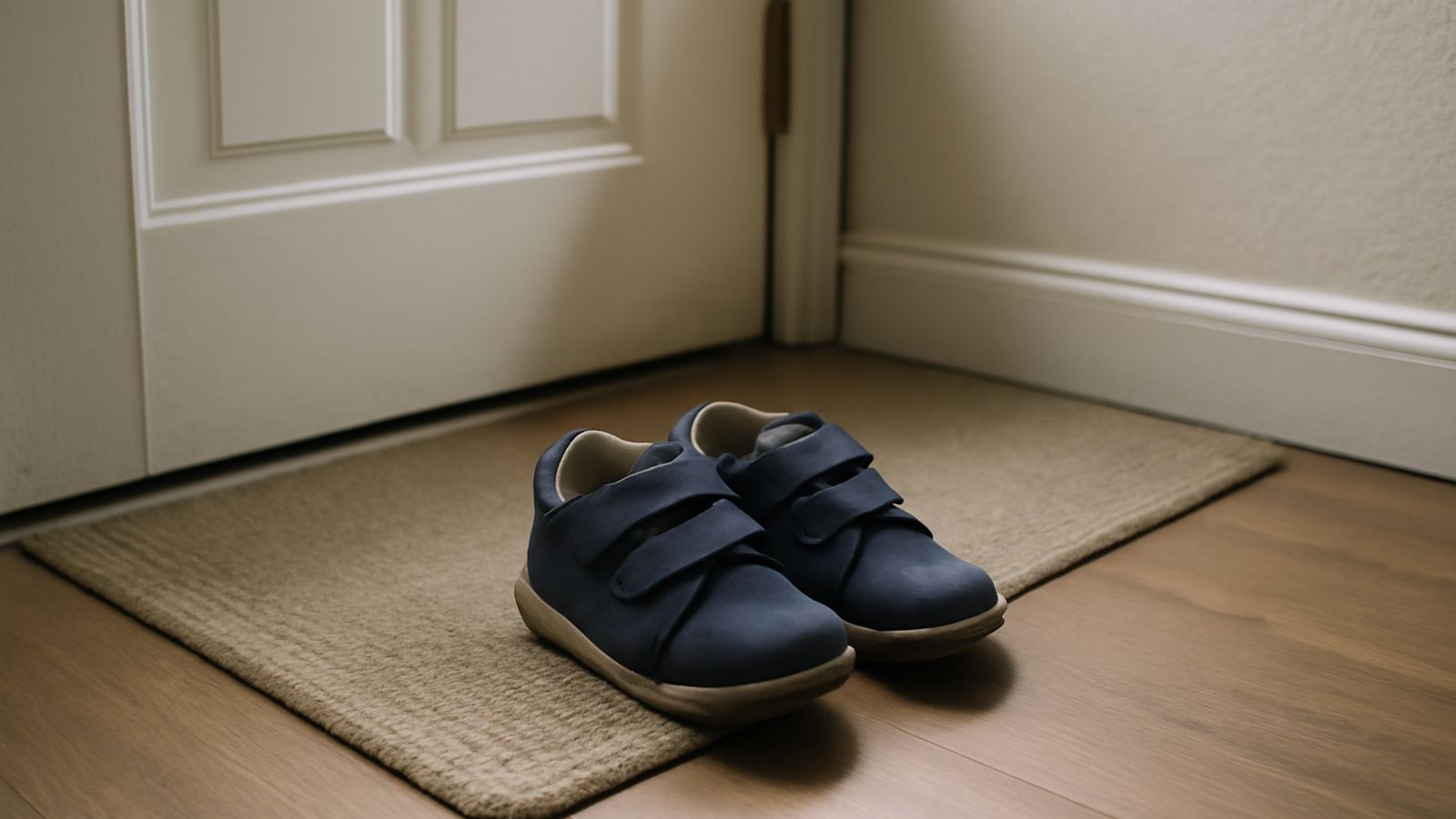 A pair of small shoes left by a doorway