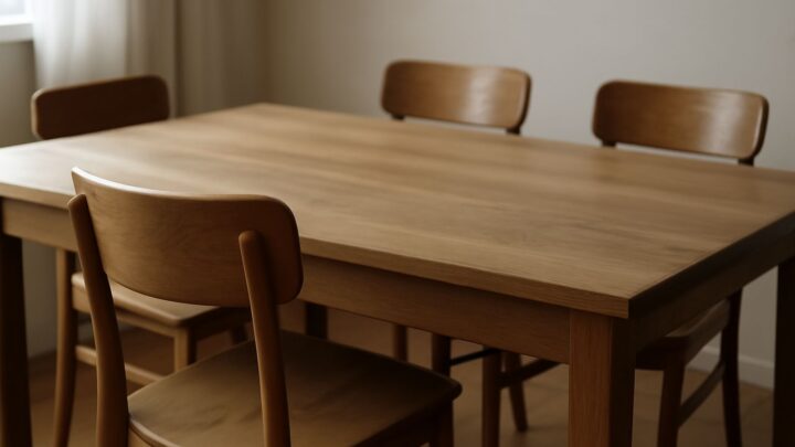 Wooden chairs arranged around a dining table in a quiet room