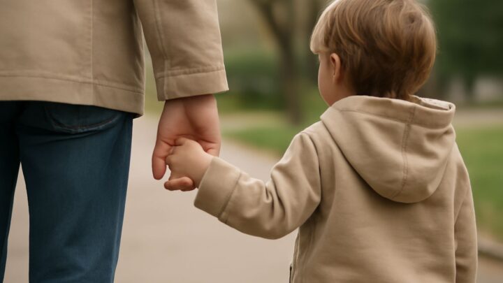 An adult and a young child holding hands while walking outdoors