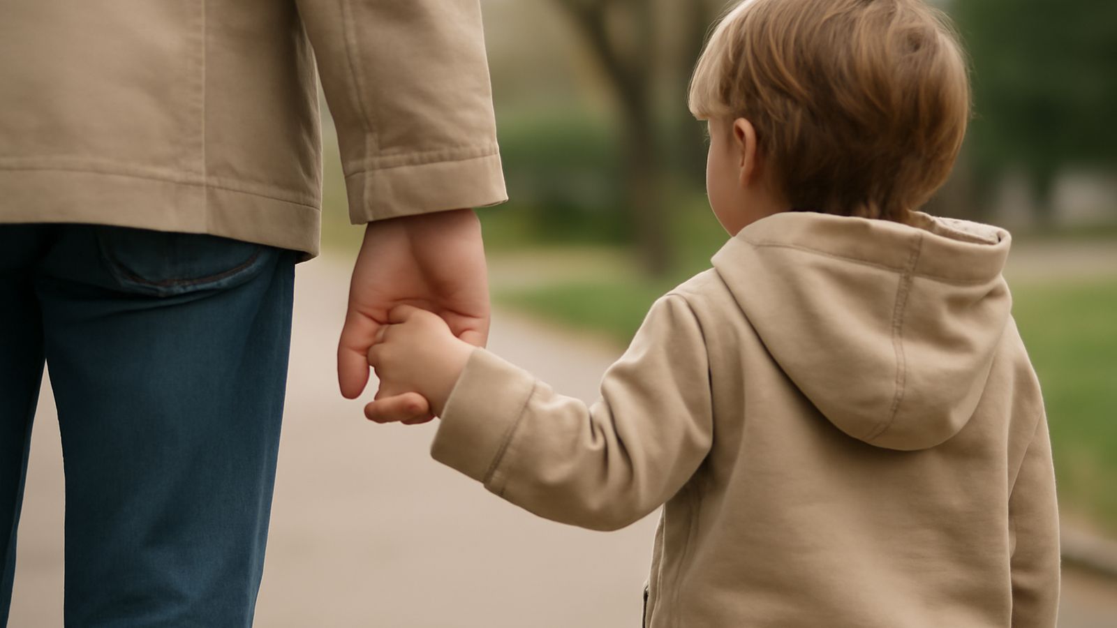 An adult and a young child holding hands while walking outdoors
