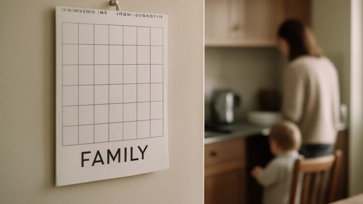 A wall calendar with handwritten entries in a kitchen