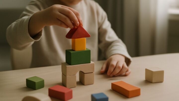 A child playing with colourful building blocks at a table