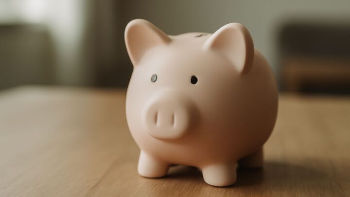 A ceramic piggy bank sitting on a plain wooden table