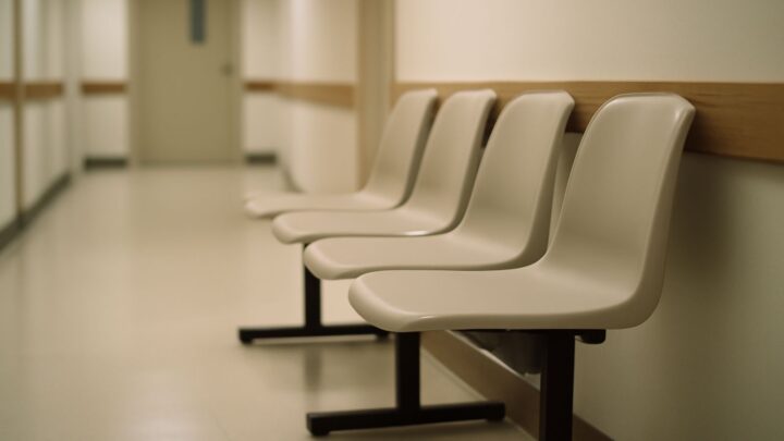A row of empty chairs along a quiet corridor