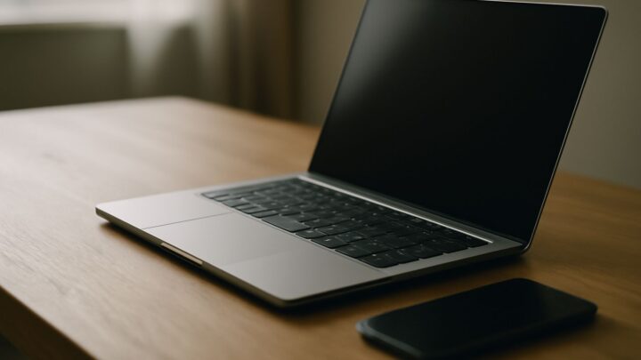 A closed laptop and smartphone resting on a wooden desk