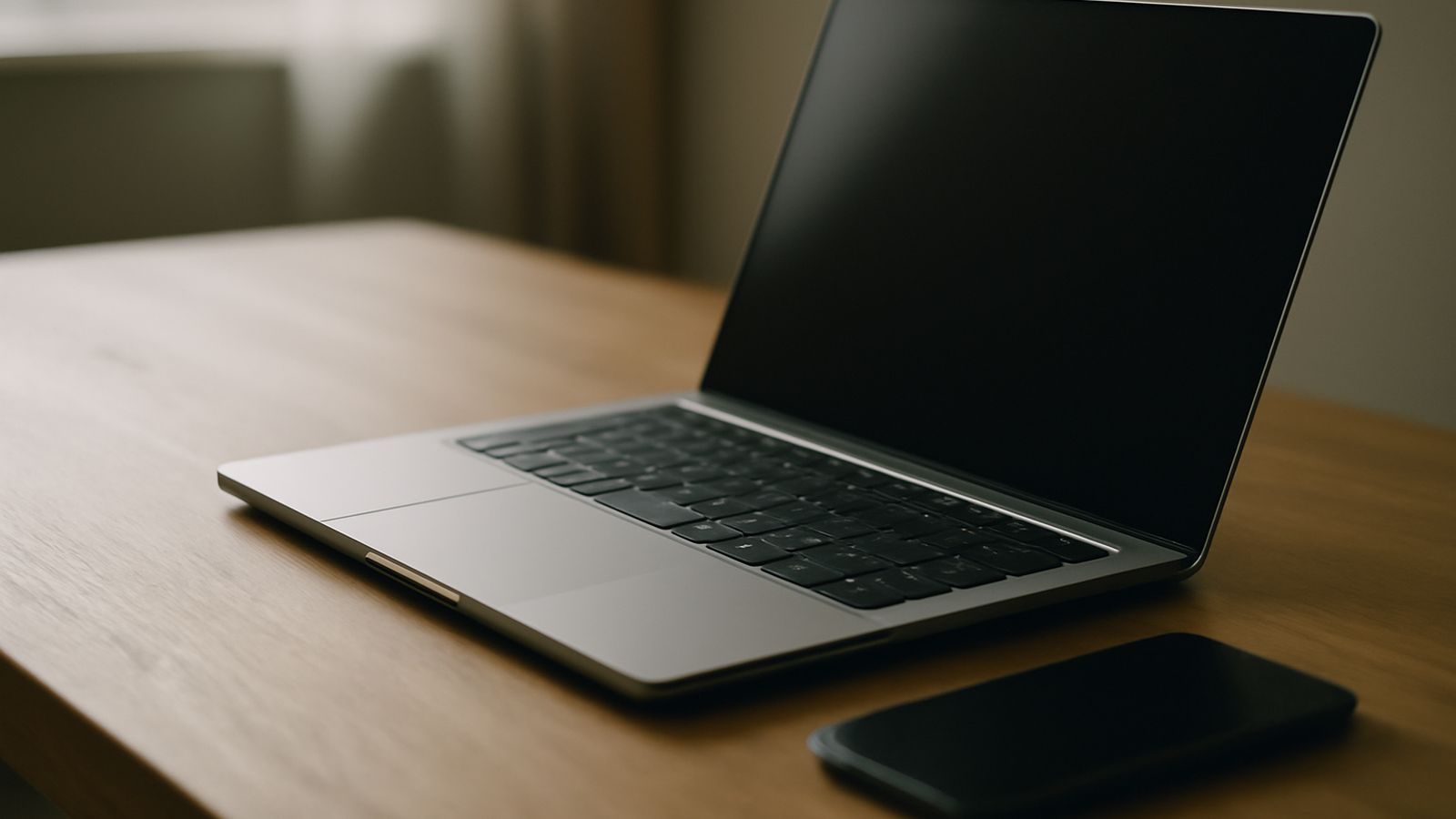 A closed laptop and smartphone resting on a wooden desk