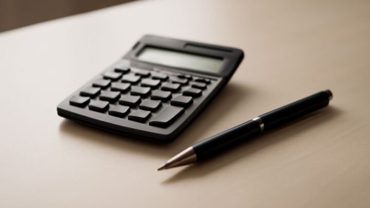 A calculator and pen resting on a plain desk