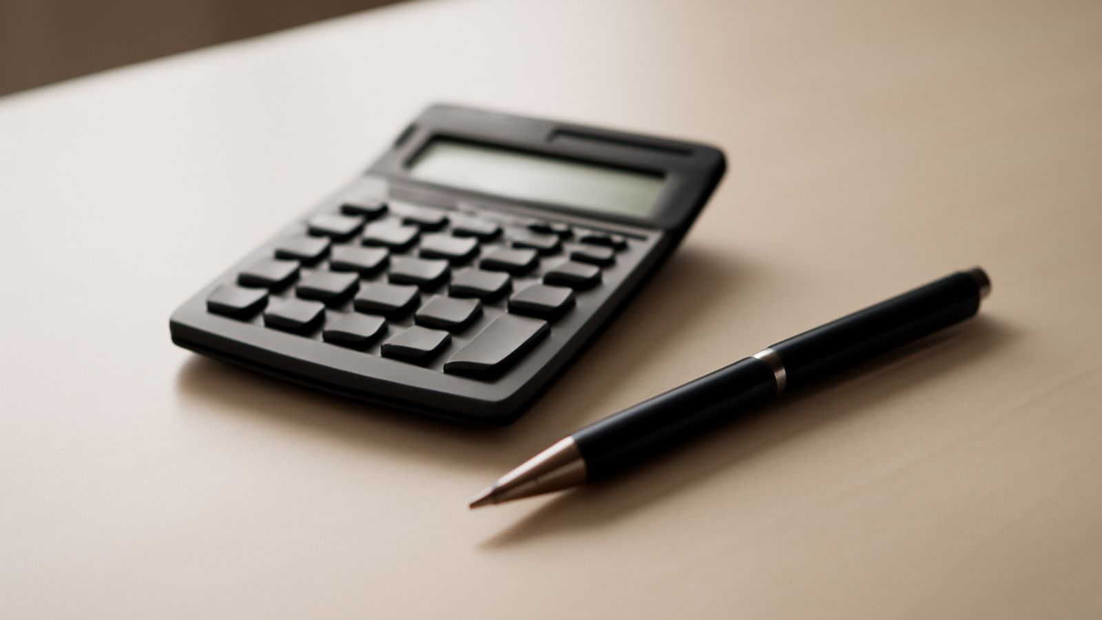 A calculator and pen resting on a plain desk