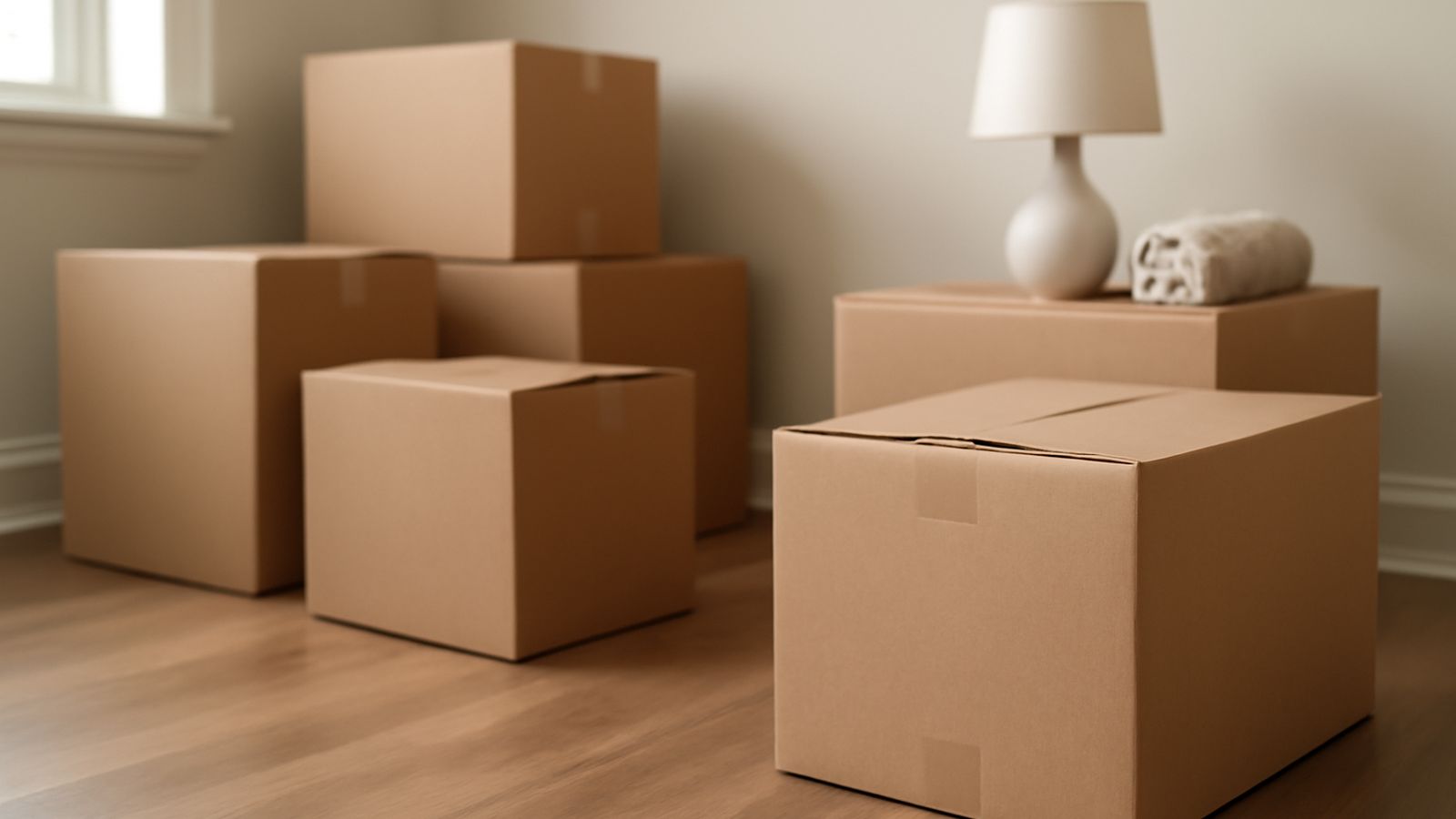 Cardboard moving boxes stacked in an empty room