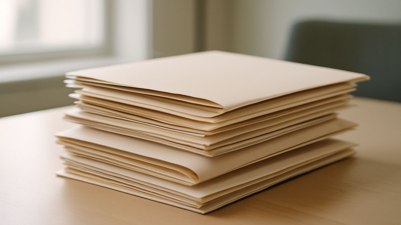 A neat stack of closed folders on a wooden desk