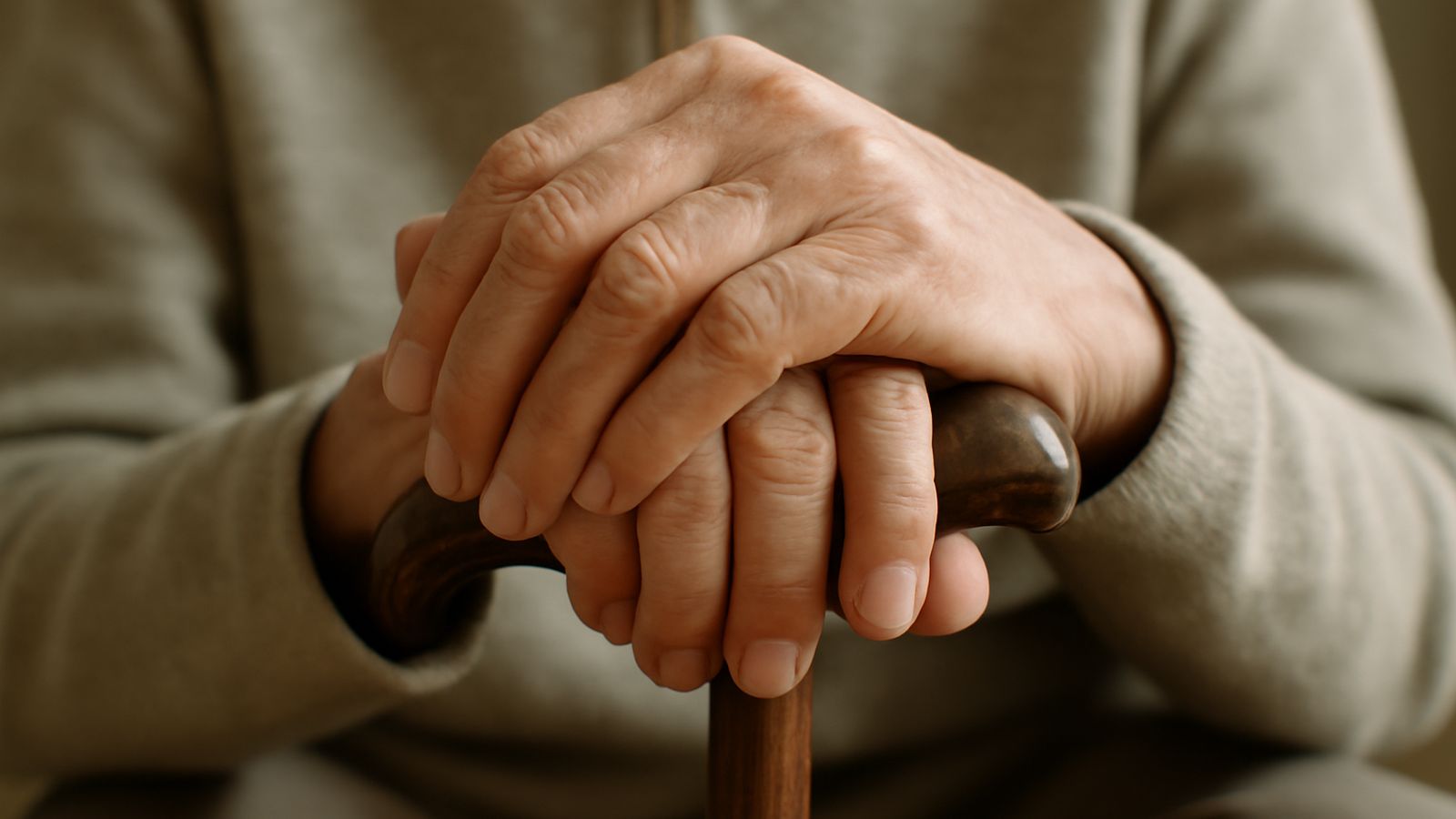 An older person's hands resting on the handle of a walking stick