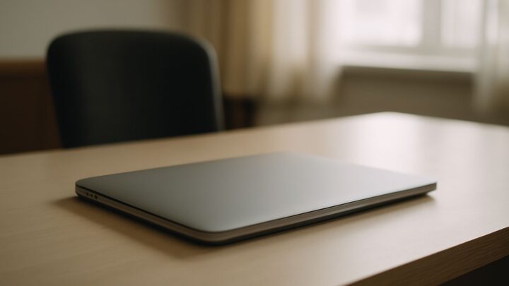 A closed laptop on an otherwise empty desk