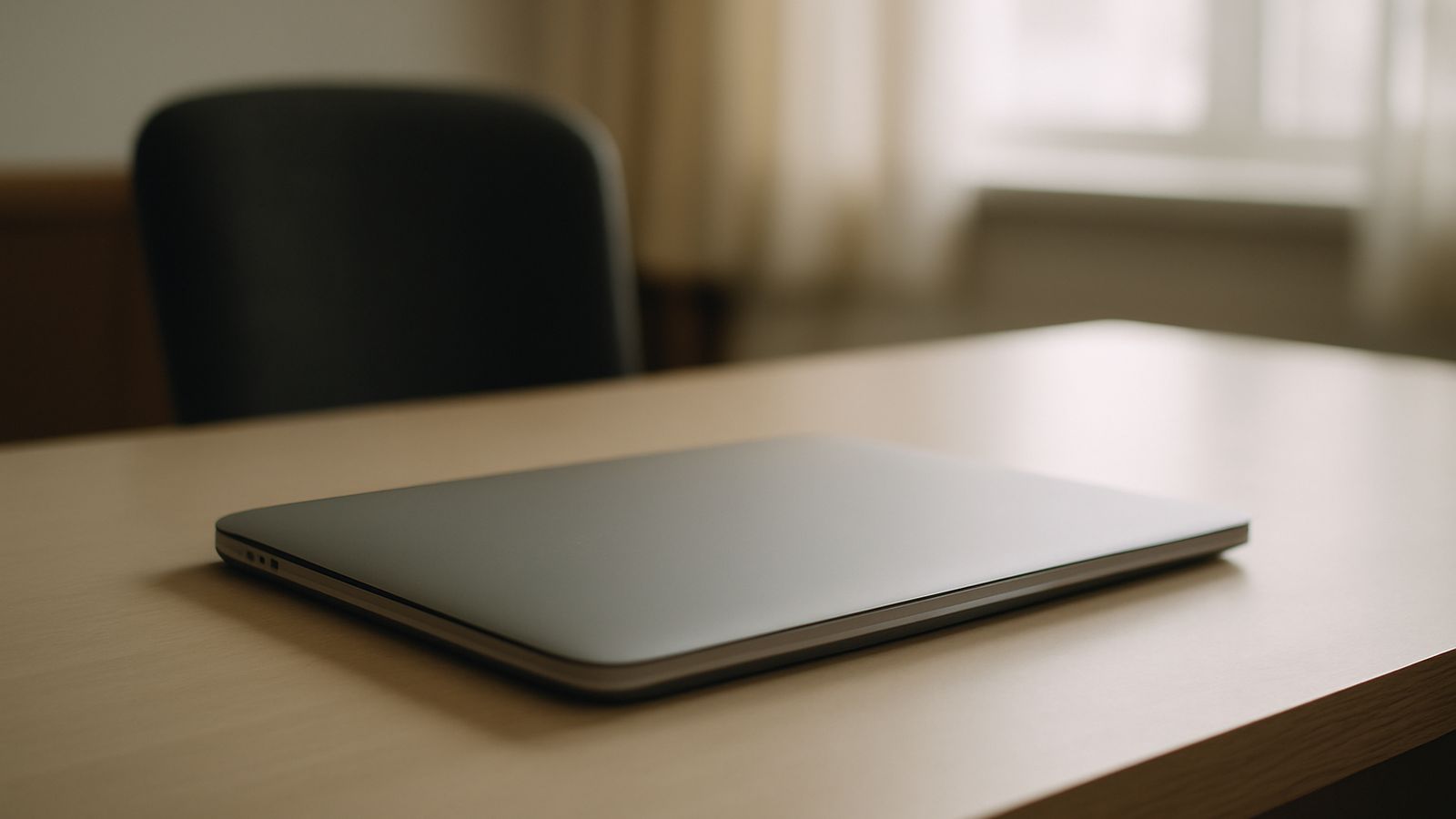 A closed laptop on an otherwise empty desk