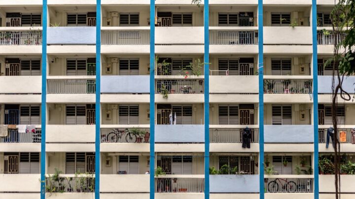 The facade of an older residential apartment block