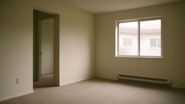 An empty living room with bare walls and daylight from a window