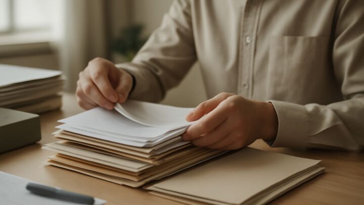 A person sorting through paperwork and folders at a desk