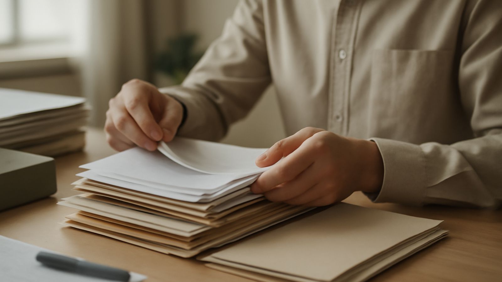 A person sorting through paperwork and folders at a desk