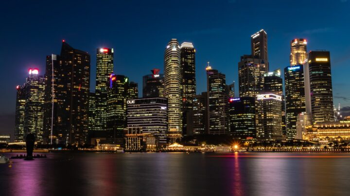 The Singapore city skyline at dusk