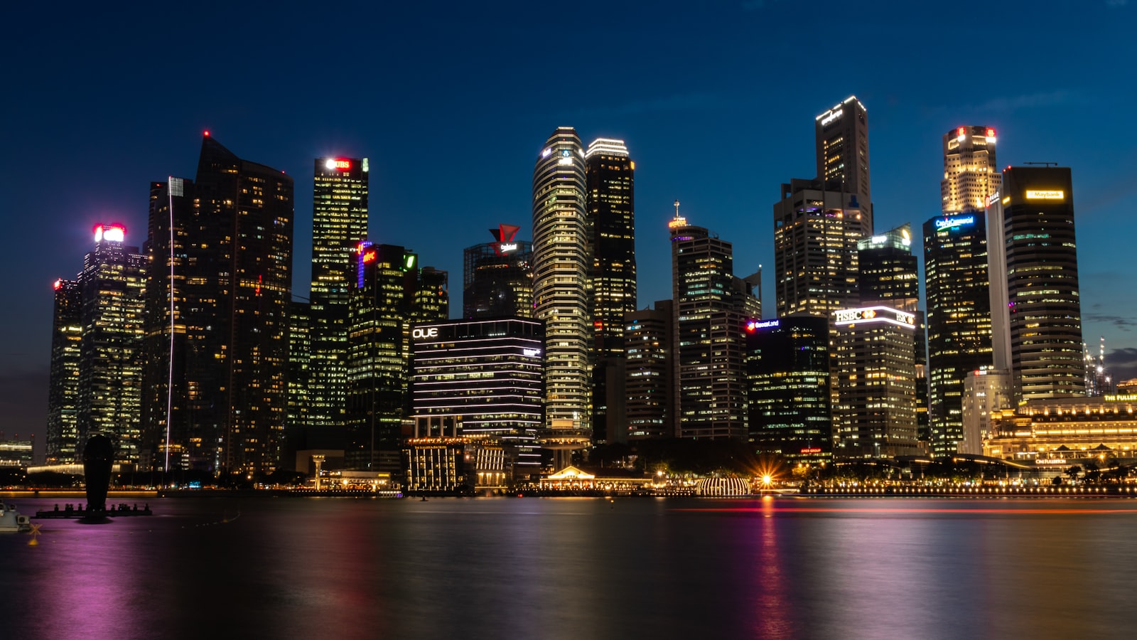 The Singapore city skyline at dusk