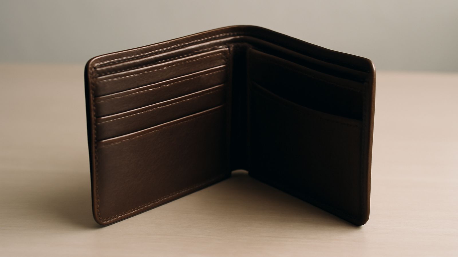 An open empty wallet resting on a plain table