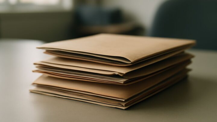 A stack of closed manila folders resting on a desk