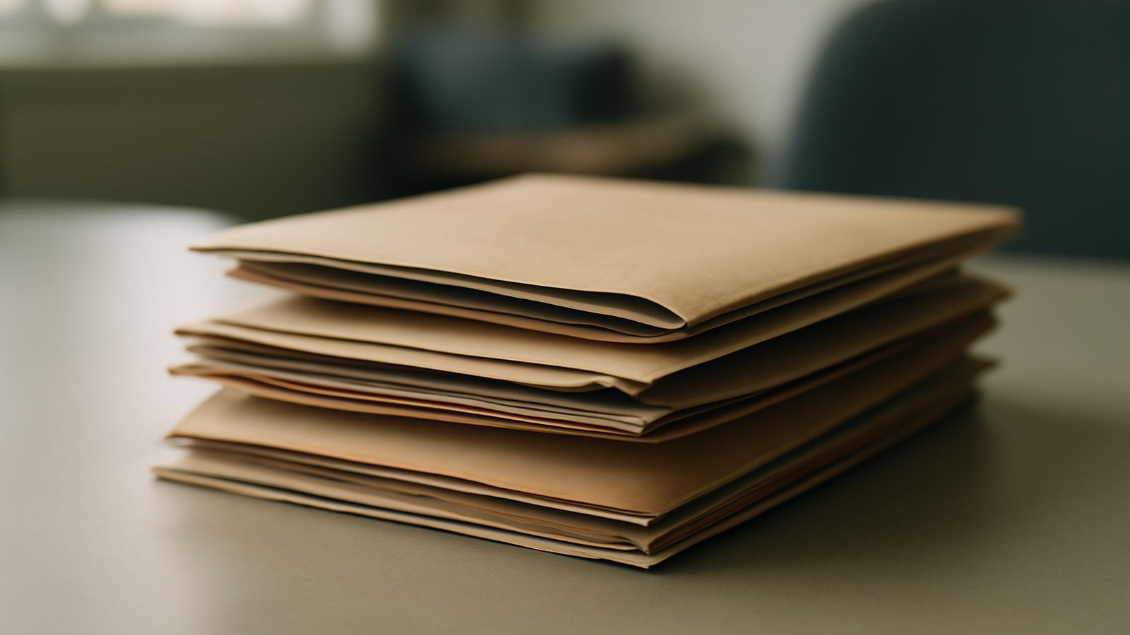 A stack of closed manila folders resting on a desk