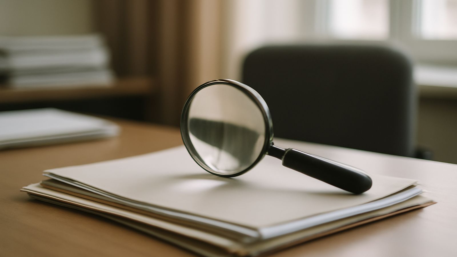 A magnifying glass resting on a wooden desk