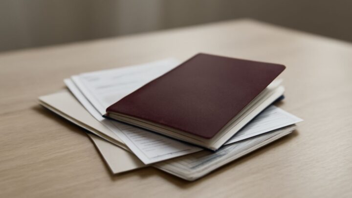 A passport and travel documents laid out on a table