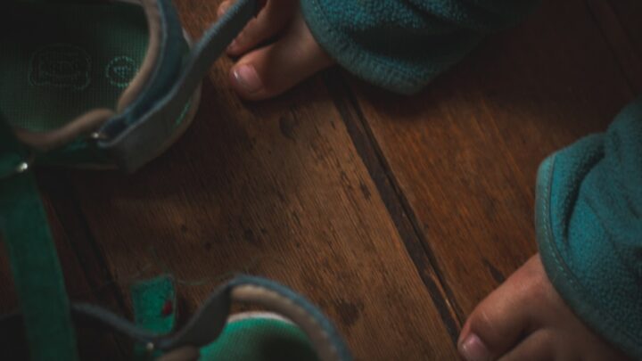 A pair of small shoes on a wooden floor