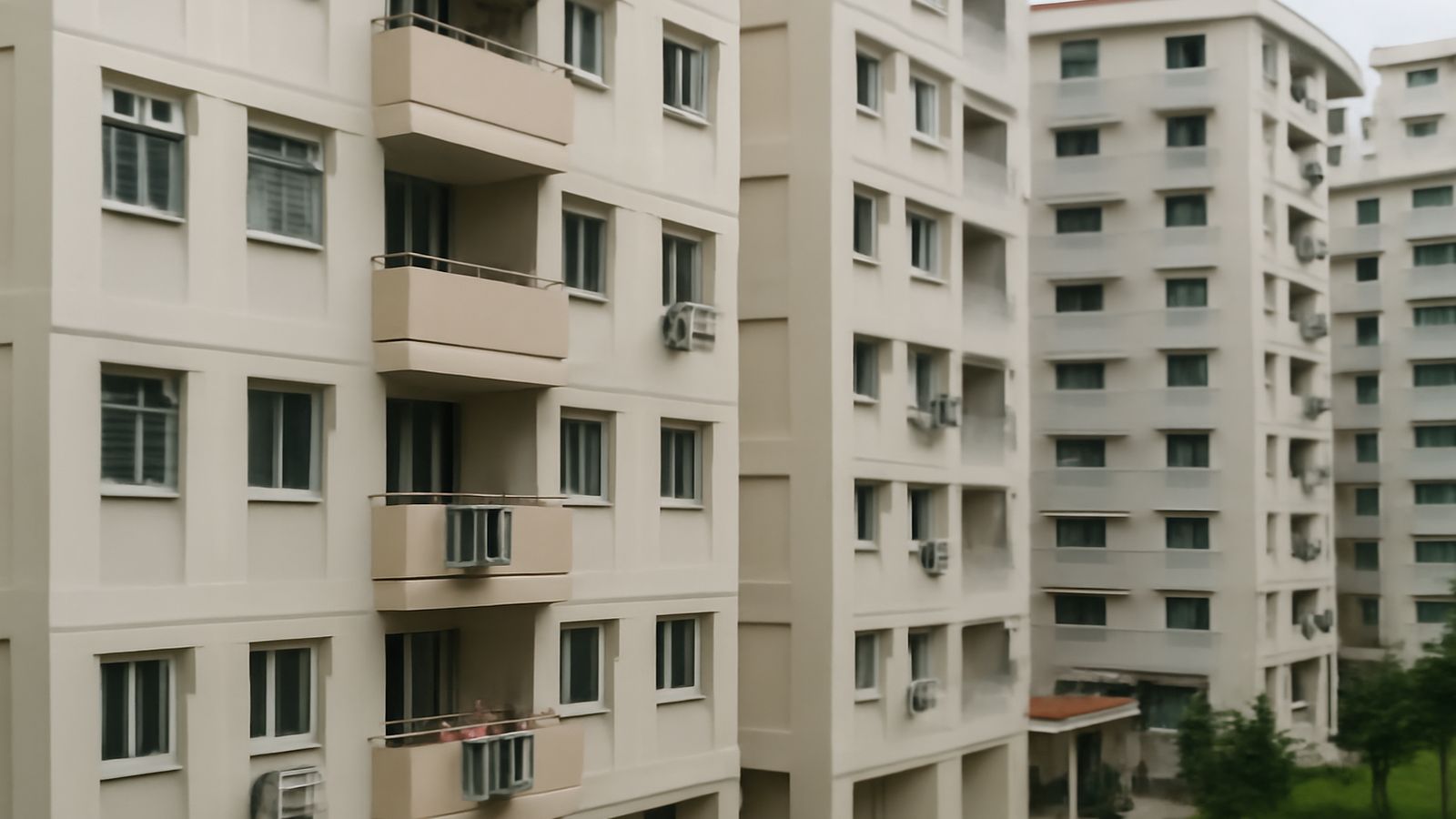 A row of HDB blocks in Singapore under a bright sky
