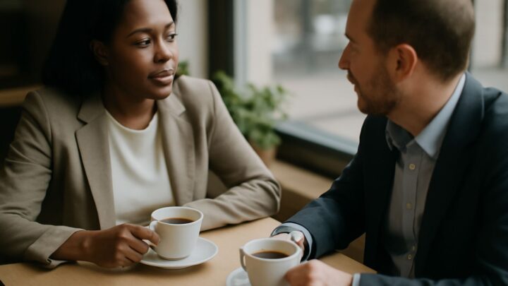 Two people sitting across a small cafe table in conversation