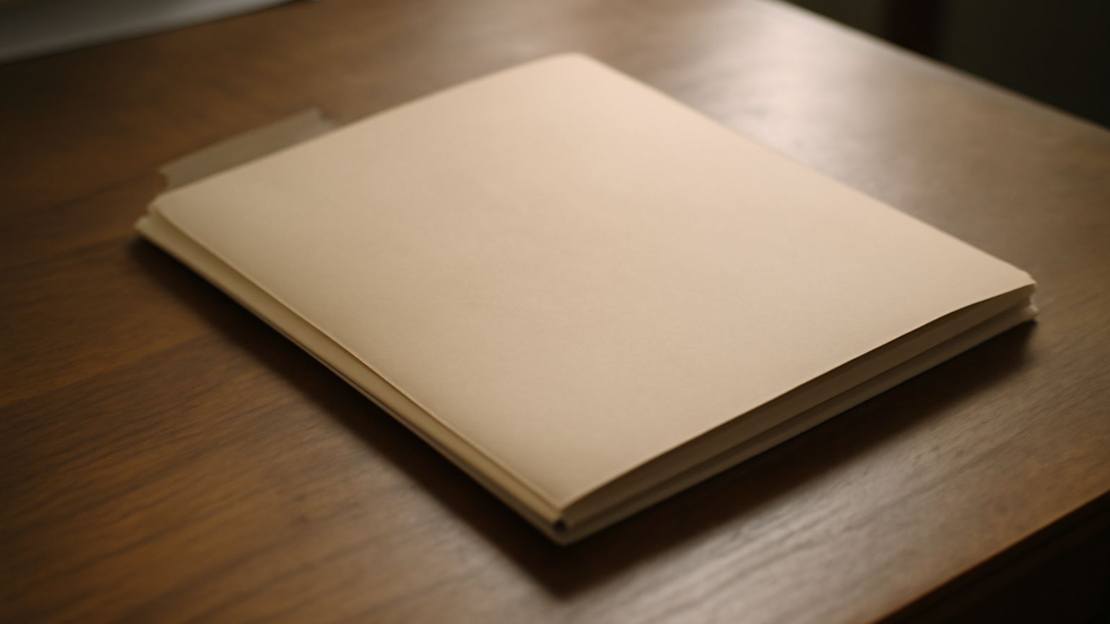 A closed folder resting on a wooden desk