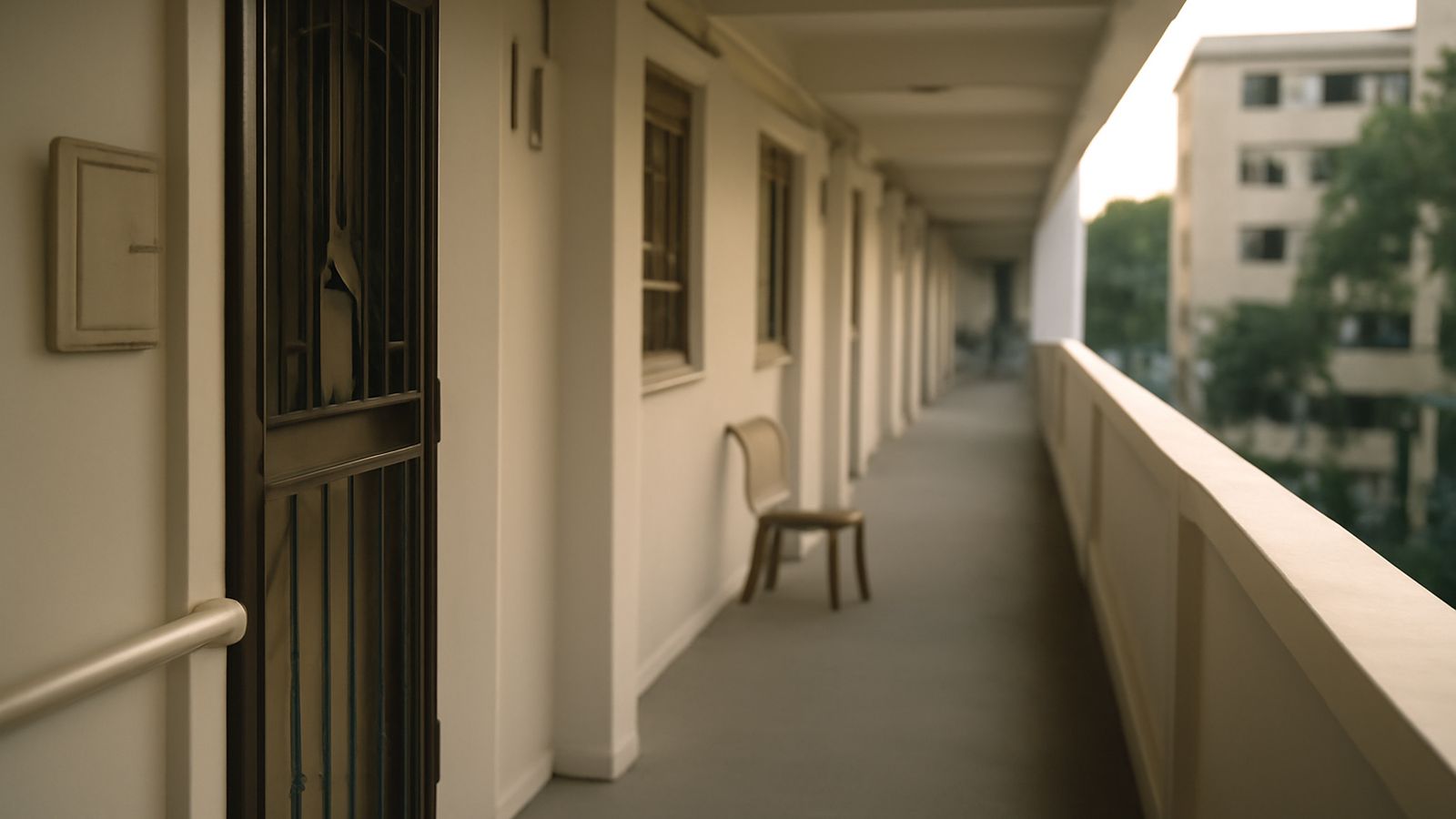 A quiet HDB corridor in the evening