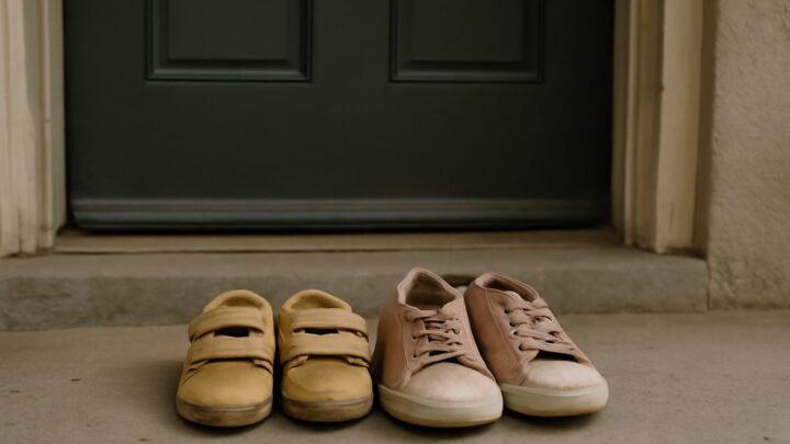 Two pairs of small shoes left on a doorstep
