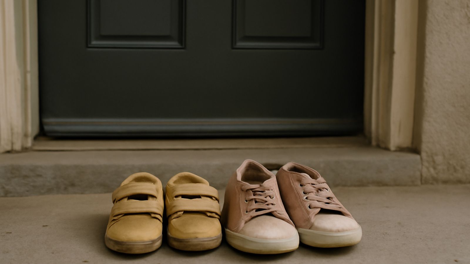 Two pairs of small shoes left on a doorstep