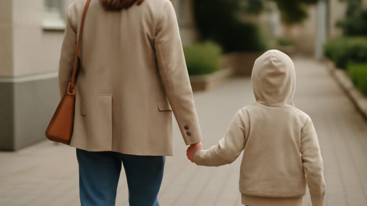 A parent holding a young child by the hand while walking