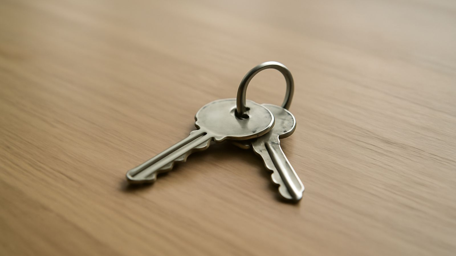 A set of house keys resting on a plain wooden table