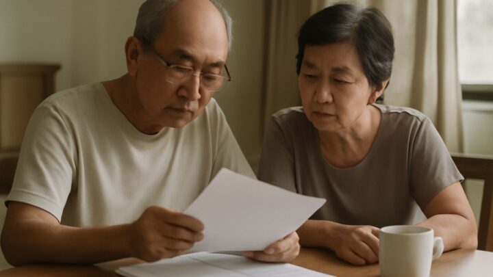 An older couple sitting at a table looking through documents together