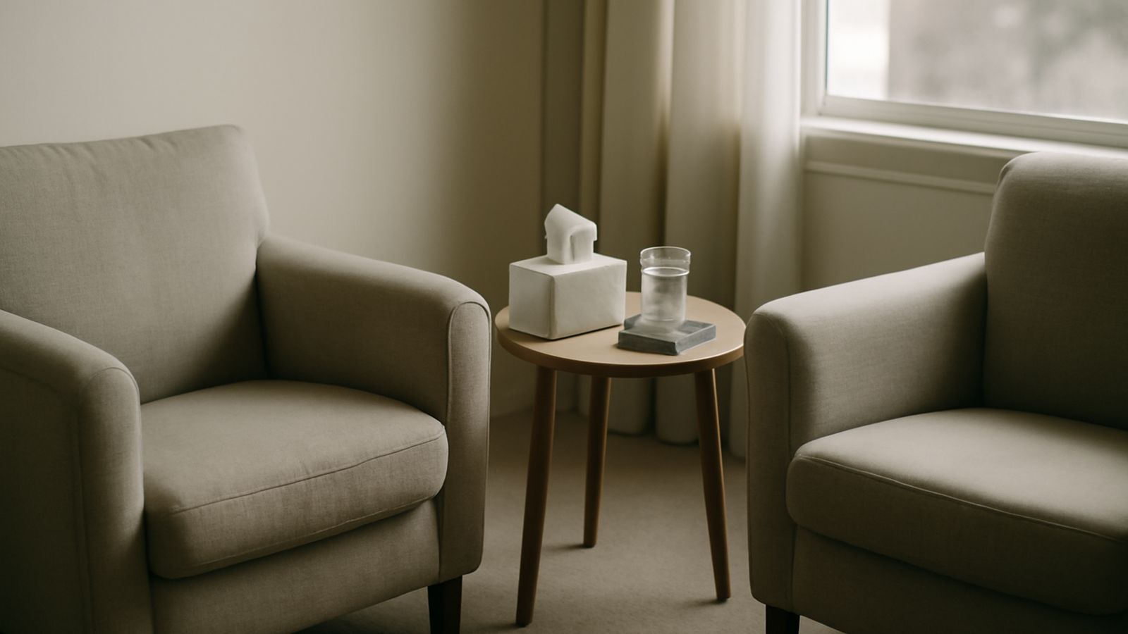 Two armchairs facing each other in a calm consultation room