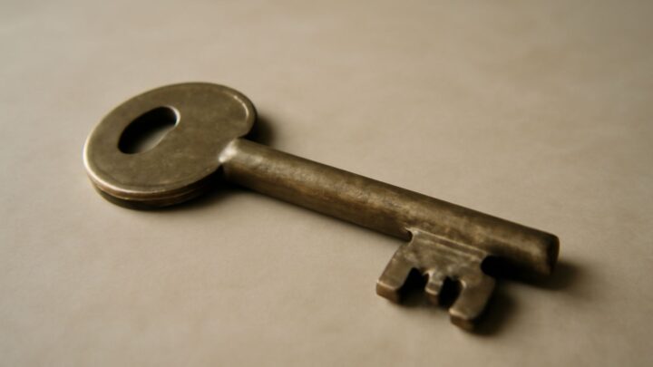 A weathered brass key resting on a plain table