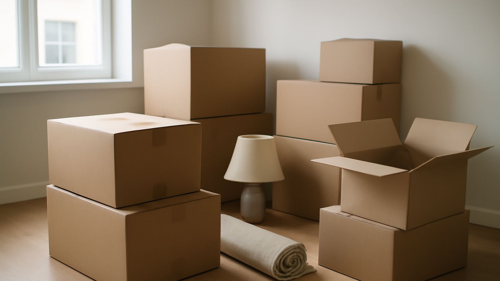 Packed cardboard boxes stacked in a mostly empty apartment