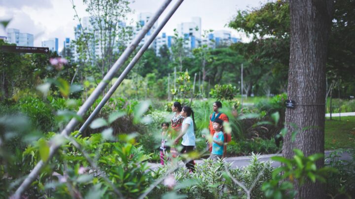 Adults and children walking along a park path in the evening