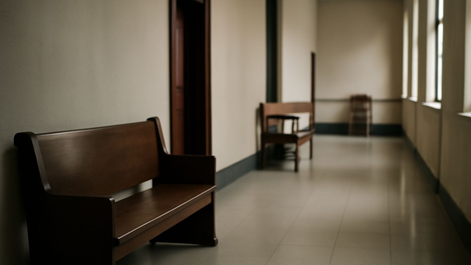 An empty court corridor lit by natural light