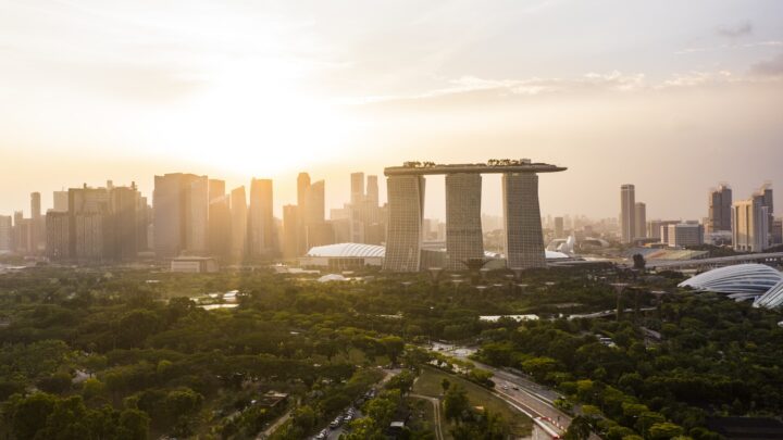 A row of public housing blocks in Singapore in the early morning