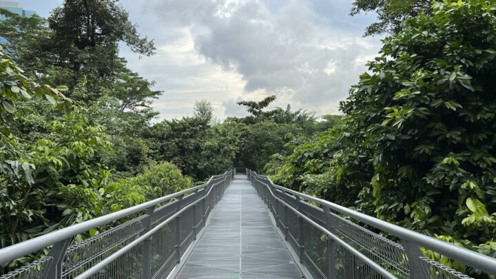 A covered walkway through a Singapore housing estate in the morning
